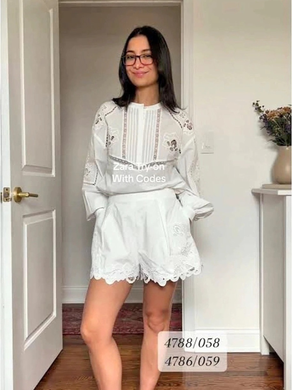 Zara Embroidered Scalloped Shorts in White Size Medium